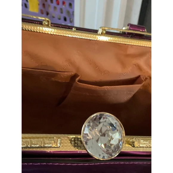Brangio of Italy Purple Patent Leather Glam Gold Frame Rhinestone Top Handle Bag - Picture 8 of 12